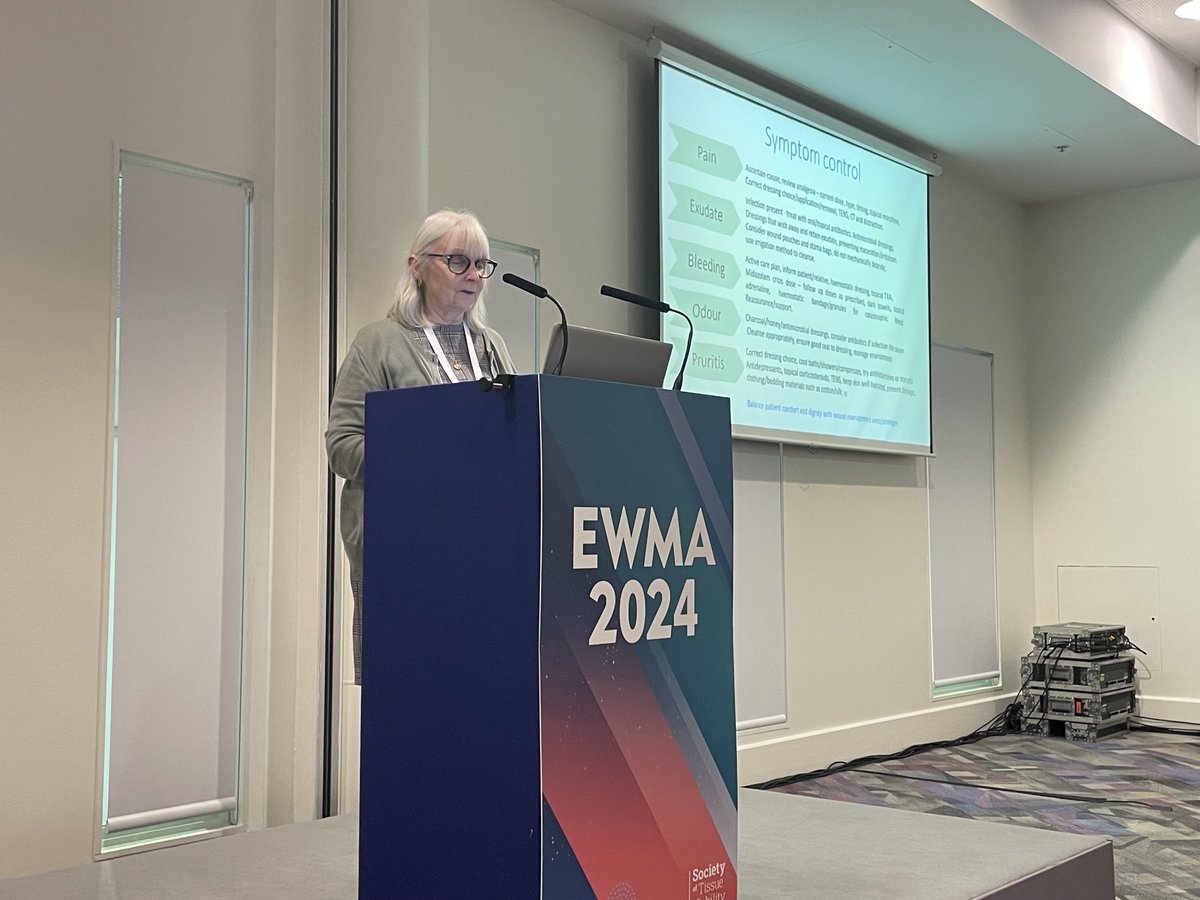 The amazing Lynn Cornish talking about the management of malignant wounds… such an important topic and sadly becoming more common. Great tips for symptom control ⁦@SoTV_UK⁩ #EWMA2024