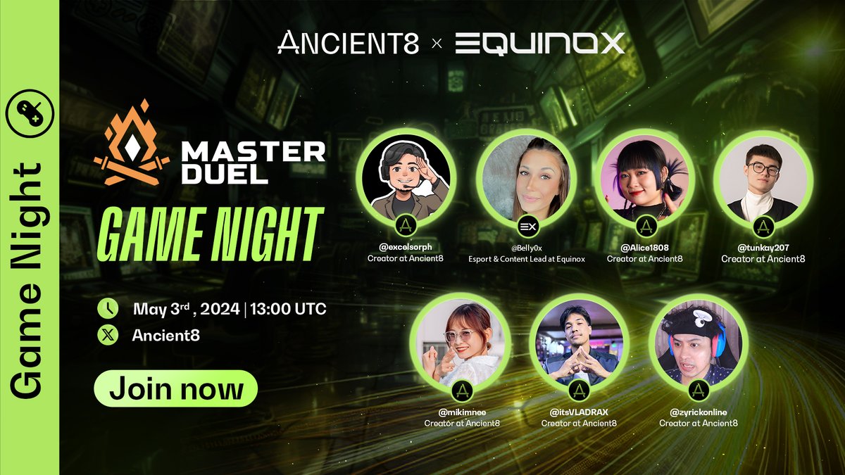 Calling all duelists! @Ancient8_gg gang's throwing a special gamenight with @PlayMasterDuel just for you!🔥💚 ⏰ 13:00 UTC | May 3rd, 2024 Join us with our friend from @NOX_Ecosystem, who might have something special for you during the livestream.👀🎁 Sound fun? See u there!