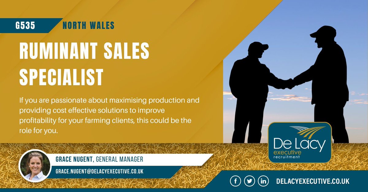 As #Ruminant Sales Specialist, you will be responsible for covering the North Wales territory.

You will visit your clients & offer advice whilst building & maintaining full responsibility of your own #sales ledger.

Apply now: delacyexecutive.co.uk/jobs/g535-rumi… 

#UKJobs #AgJobs #SalesJobs