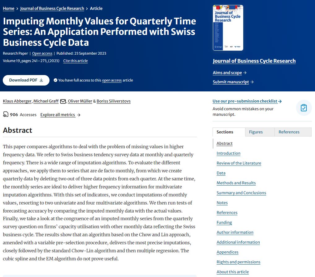 🔓 You have full access to this #OpenAccess article from the Journal of Business Cycle Research: Imputing Monthly Values for Quarterly Time Series: An Application Performed with Swiss Business Cycle Data by Klaus Abberger, Michael Graff et al. doi.org/10.1007/s41549…