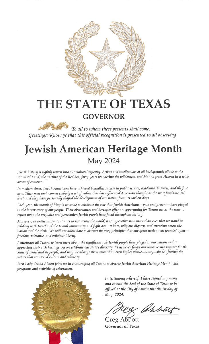 Proud to proclaim May as Jewish American Heritage Month in Texas. It is imperative now more than ever that we stand in solidarity with Israel & the Jewish community. We will always stand in support of Israel & celebrate the role Jewish Americans have played in our great state.