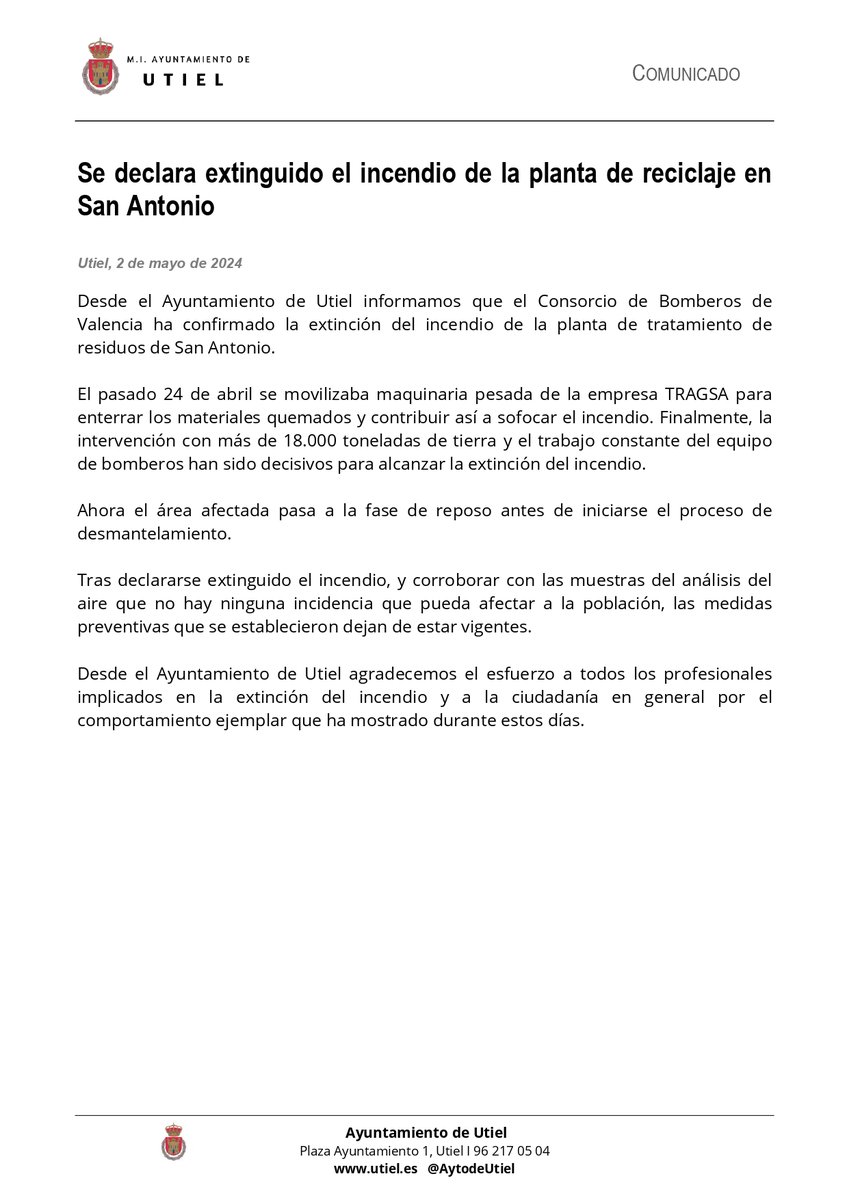 📣Se declara extinguido el incendio de la planta de reciclaje de San Antonio. ✔️Dejan de estar vigentes medidas preventivas ✔️Ayuntamiento de Utiel agradece el esfuerzo a profesionales implicados y a ciudadanía en general por su comportamiento ejemplar. utiel.es/es/aviso/decla…