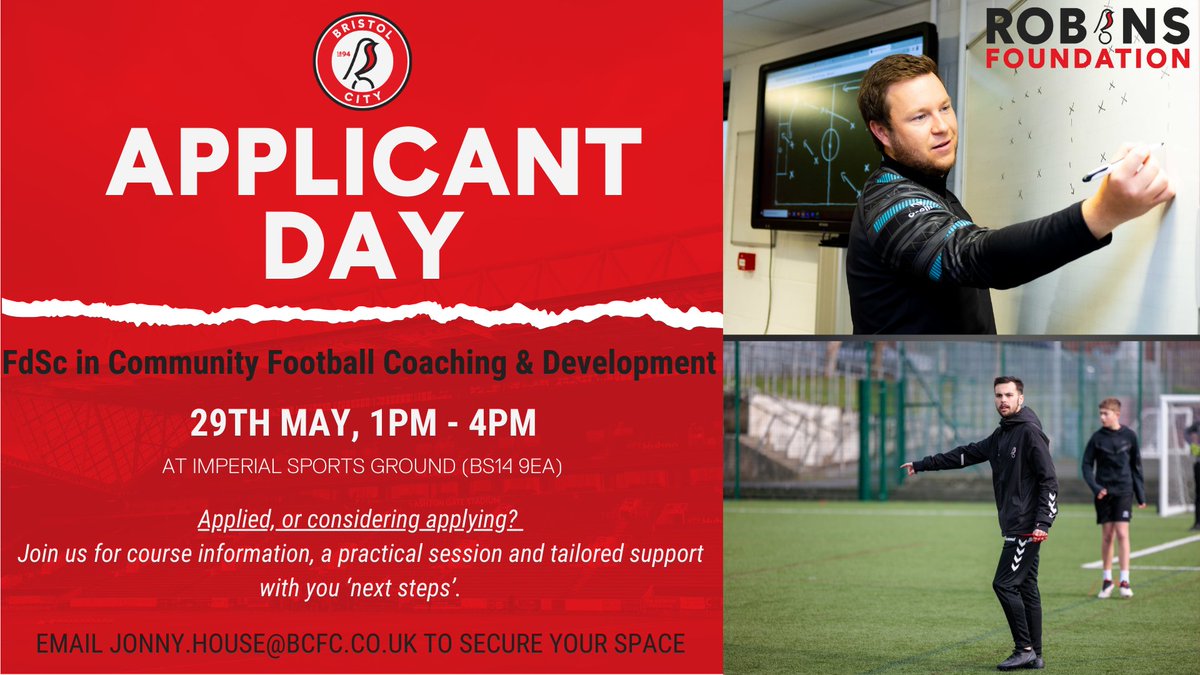 📢Applied for our FdSd in Community Football Coaching & Development programme or considering it? 📅29th May ⏰1pm - 4pm 📍SBSC Join us for course information, a practical session & tailored support about your next steps🎓⚽️ Book your place now!👇 forms.office.com/e/BDt9HUgvuy