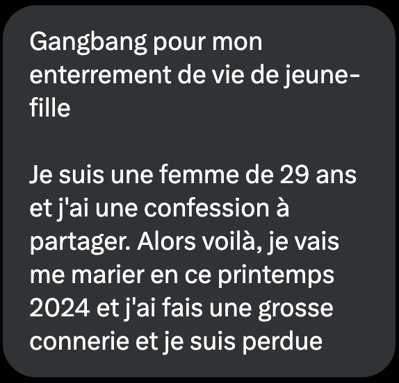 ZoneDuFantasme's tweet photo. Un EVJF vraiment très spécial 😭

(1/13) https://t.co/1vNzIW50G3