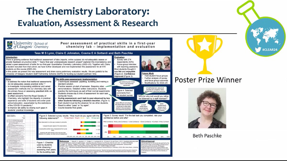 Another success for our CHERPS group at UofG! Look who won the poster prize at #Clear24….🥳 Tess, Claire, Beth & Cosma. Congrats! Many thanks to the organisers of this super online symposium celebrating lab teaching in chemistry🎉