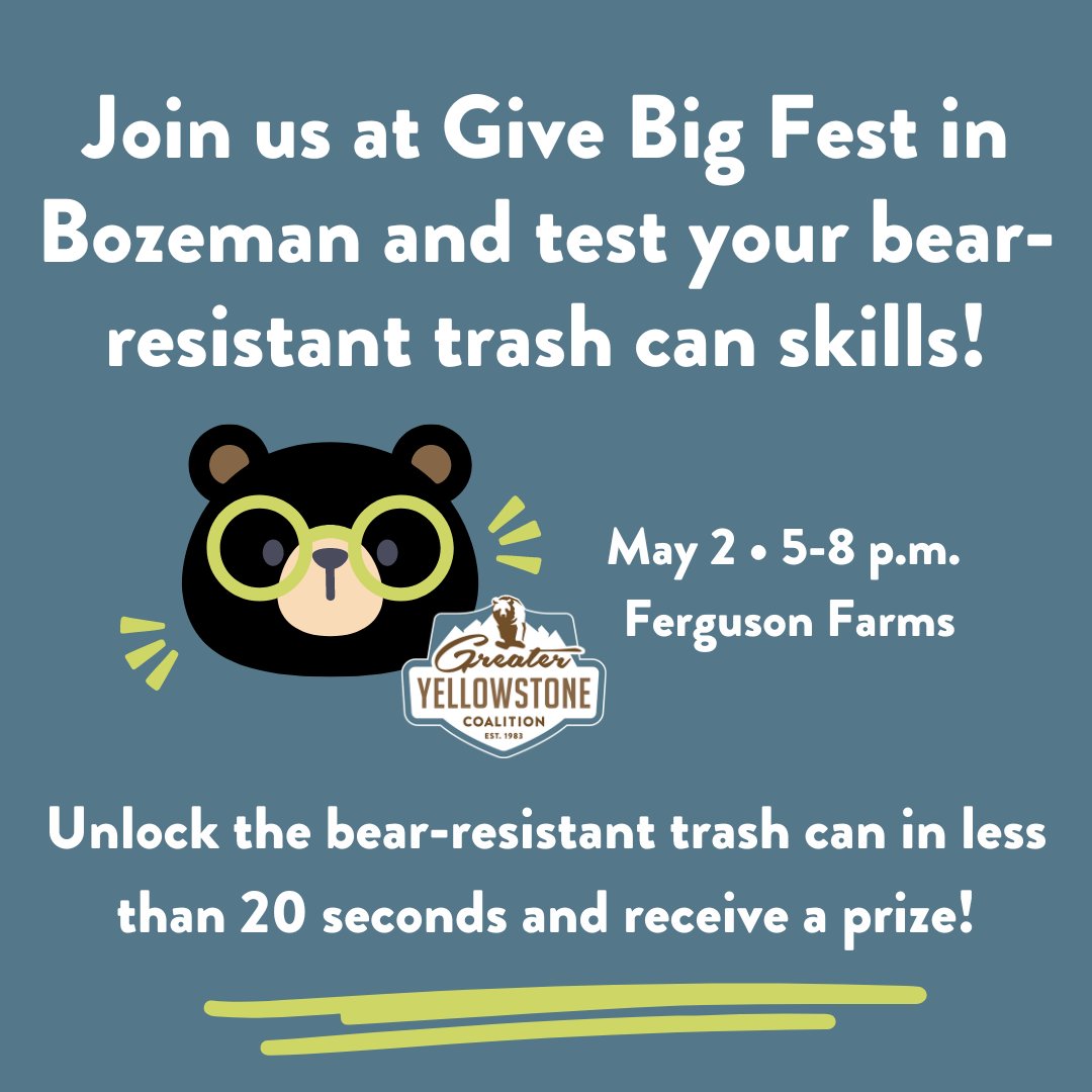 Bozeman friends! Join us at the Give Big Bozeman Fest over at Ferguson Farms today starting at 5 p.m. Come test your bear-resistant trash can skills and see if you can open one up in under 20 seconds! Prizes are available to anyone who can best the bin. #GiveBigGV