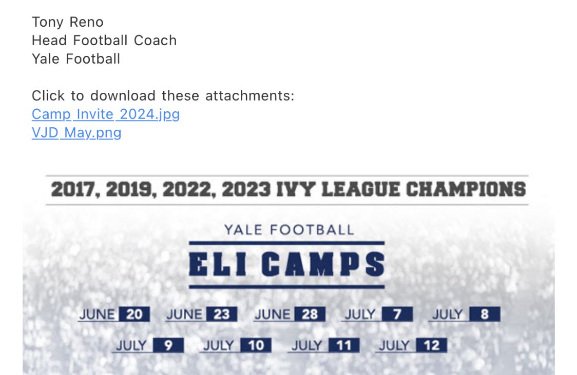 Thank <a href="/CoachRenoYale/">Tony Reno</a> for the personal camp invite!