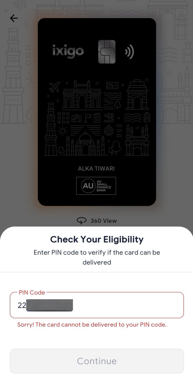 @aubankindia #creditcard Pin Code Serviceability issue?
If you want to know if your pincode is serviceable or not for without applying (cibil enq), you can use ixigo app and click on the Apply AU ixigo CreditCard banner, enter the pin code.

It will instantly show you status.