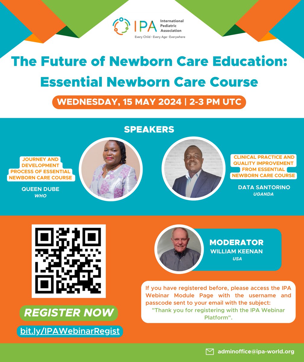 @IPAWorldorg invites you to join our webinar: “The Future of Newborn Care Education: Essential Newborn Care Course” conducted on Wednesday, 15 May 2024 at 2PM UTC. Register for the webinar: bit.ly/IPAWebinarRegi… #IPA #Newborn