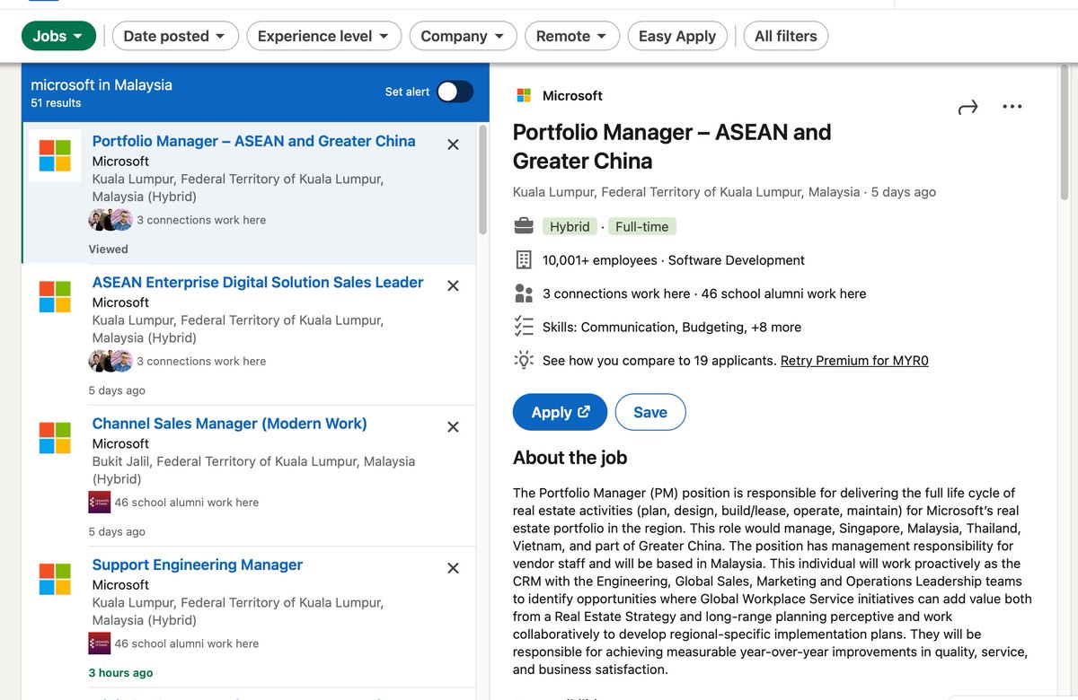 Microsoft is expanding in Malaysia & hiring for a number of roles within the IT, Engineering & Sales field.

Now's the time to apply!

📍linkedin.com/jobs/search/?c…