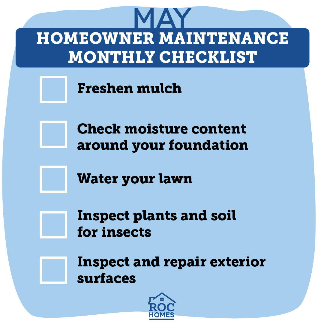 For homeowners, May is an excellent month to tackle maintenance tasks that prepare your property for warmer weather.

#dreamhome #househunting  #curbappeal  #newhomeowner  #newhome #customerfirst #customerservice #rocfamily #houstonliving #homemaintenance #homemaintenancetips