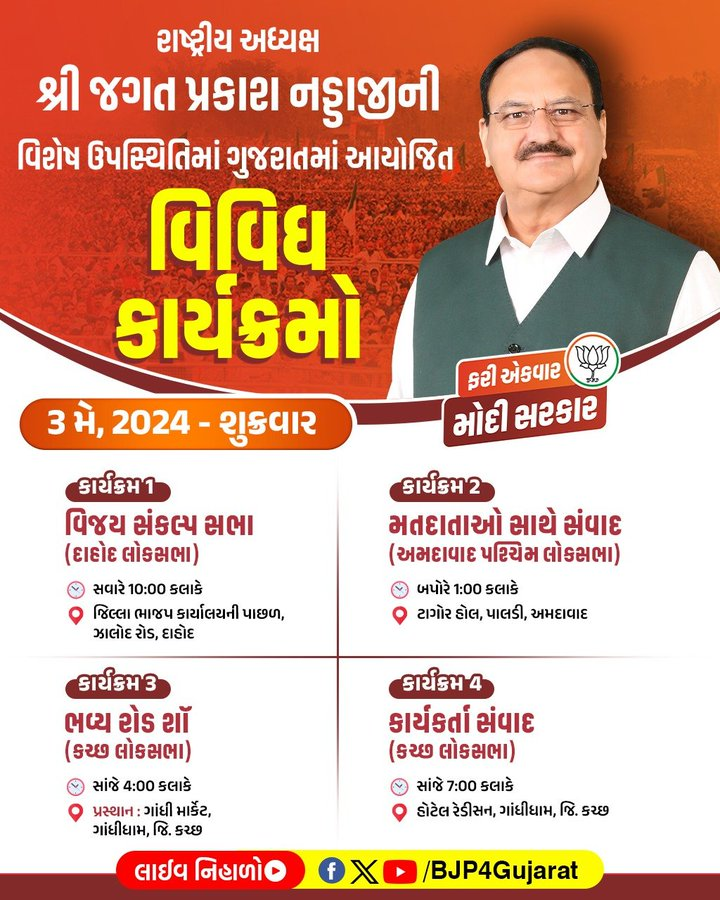 🔸આવતીકાલે રાષ્ટ્રીય અધ્યક્ષ @JPNadda ગુજરાતના પ્રવાસે 🔸દાહોદ, અમદાવાદ, કચ્છમાં કરશે ચૂંટણી પ્રચાર #Elecciones2024 #LokSabhaElctions2024