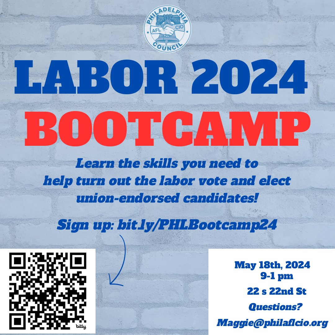 Get ready to elect union-endorsed candidates up and down the ballot in November! Registration is open for our Labor 2024 Bootcamp! This training is open to all union members in Philadelphia! Sign up 🔗bit.ly/PHLBootcamp24