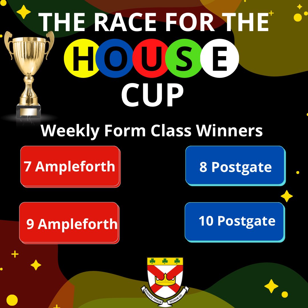 🏆HOUSE CUP ATTENDANCE RESULTS🏆 Here are this week’s photos, well done to the four form classes who received the highest percentage for attendance. Remember that 95% is our whole school target! #attendance #raceforthehousecup #stpatsfam