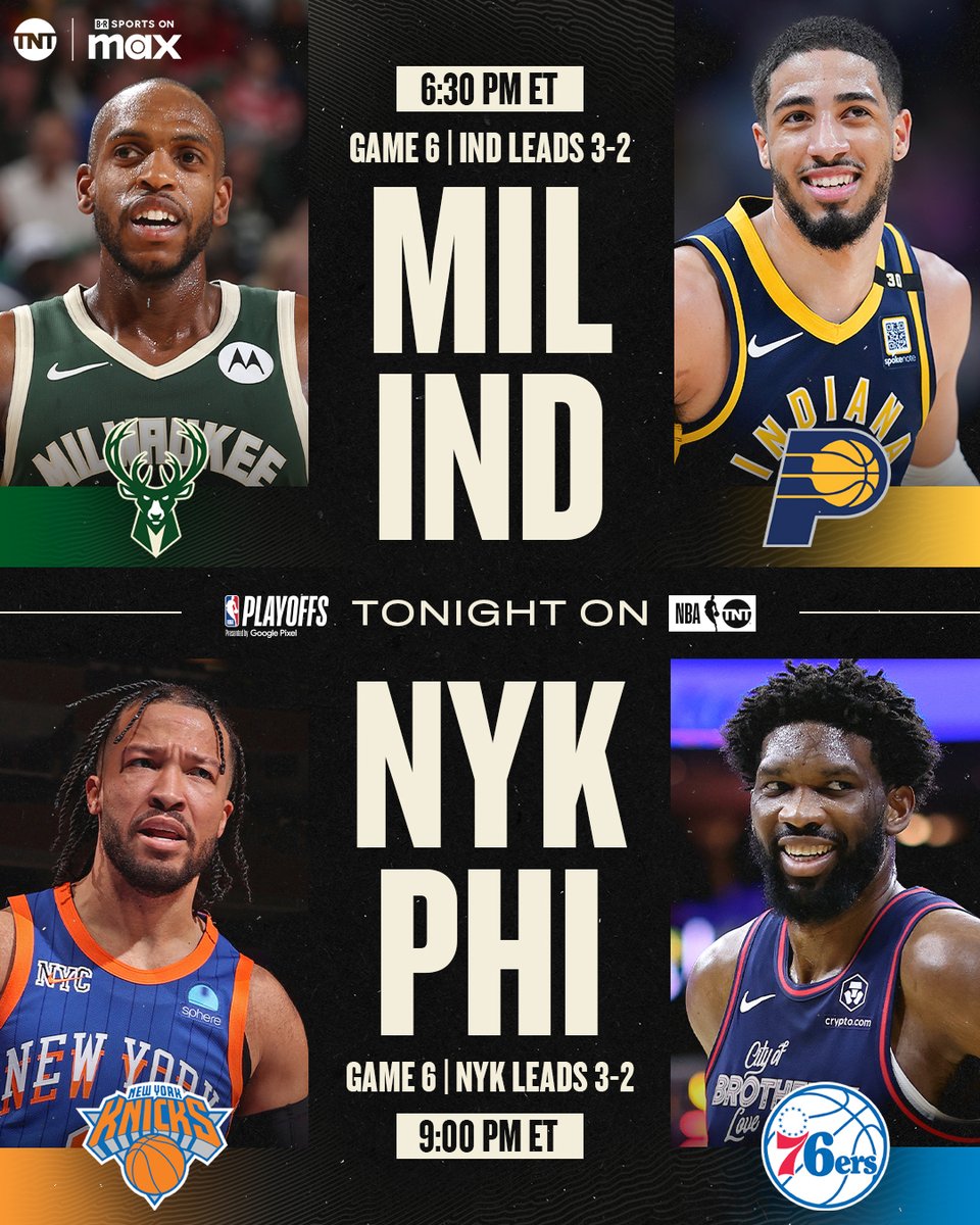We're back tonight with more #NBAPlayoffs action 🔥

@Bucks vs. @Pacers 
@nyknicks vs. @sixers 

📺 6 PM ET | TNT and @SportsonMax