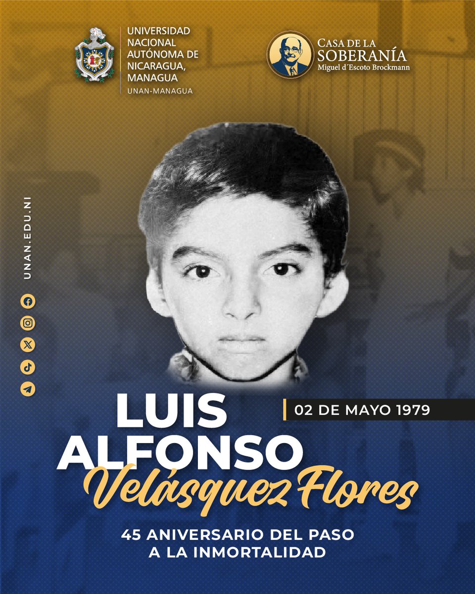 'Recordamos con respeto y gratitud a Luis Alfonso Velásquez Flores, 'El Grillo', en el 45 aniversario de su sacrificio por la libertad de #Nicaragua. Su coraje y compromiso continúan inspirándonos en la lucha por la justicia. 

#SoberaniayDignidadNacional
#ManaguaSandinista