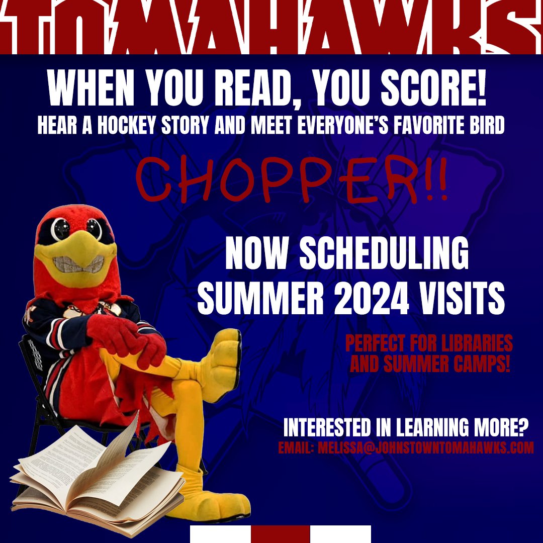 📚 Exciting news! Chopper from the Johnstown Tomahawks is hitting the road this Summer to promote literacy with our 'When You Read, You Score!' program! ☀️ Want Chopper to visit your library or Summer camp? Email Melissa at melissa@johnstowntomahawks.com to learn more and