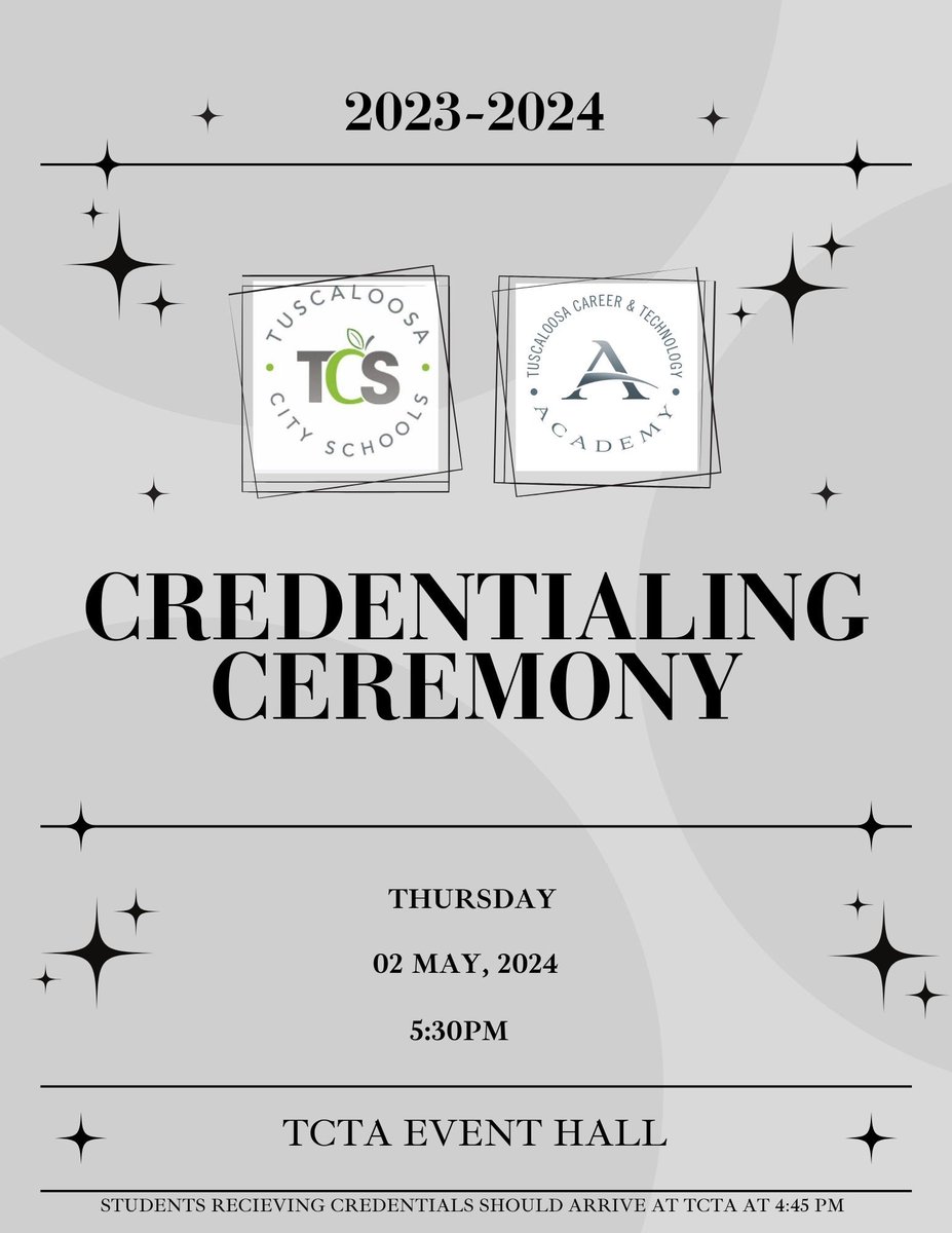 @TCTATuscaloosa will be hosting their SENIOR Credentialing Ceremony this evening at 5:30 pm, in the Event Hall. 💚 @BranchJetta @LakessiahF @AngeeB @MikeDaria @tidcam @kknorstrom @TCSBoardofEd @tuscaloosacity @WaltMaddox
