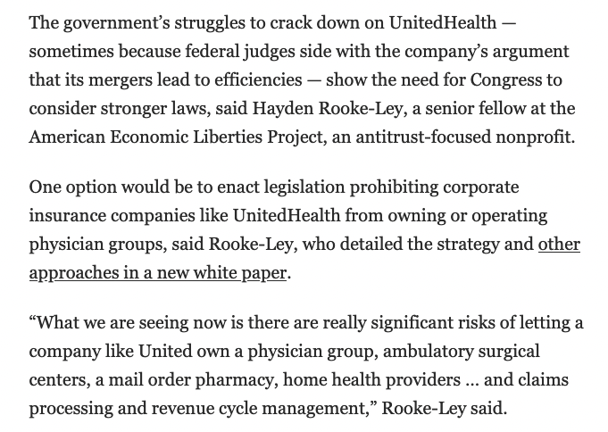 Vertically integrated giants like UnitedHealth Group are swallowing up healthcare, and it’s time to act. As seen in @washingtonpost, we have a new white paper on the policy decisions that fueled this mess—and laying out an 'industrial policy for healthcare' to rectify them.👇🧵