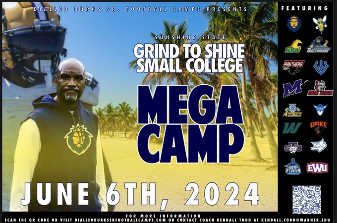 We are 34 days until the Sunshine State Grind to Shine Small College Mega Camp June 6th📅 June 6th, It's going down in the Sunshine State. Don't miss your chance to sign up and complete. Use the QR Code or this link to sign up⬇️ dialleoburkssrfootballcamps.com @WarnerUFootball