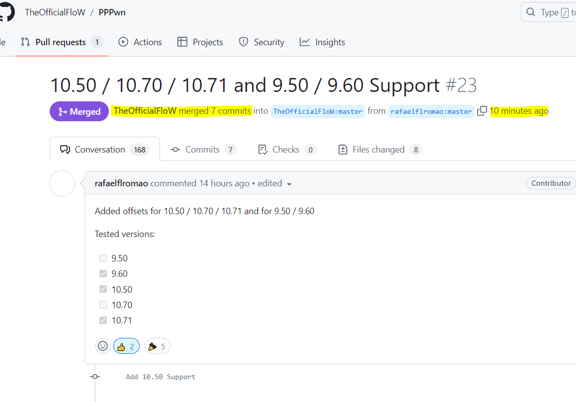 BrutalSam_'s tweet photo. TheFlow has just merged the commits containing support for 10.50, 10.70, 10.71, 9.50, 9.60. https://t.co/Qgghbz8DiZ https://t.co/XEuiSNgYPU