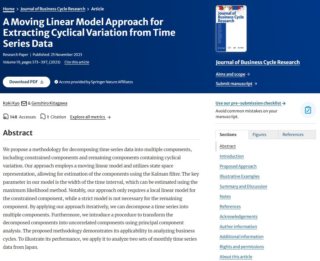 🔓You have free access to this article from the Journal of Business Cycle Research via Springer Nature #SharedIt initiative: A Moving Linear Model Approach for Extracting Cyclical Variation from Time Series Data by Koki Kyo & Genshiro Kitagawa rdcu.be/dBKvm