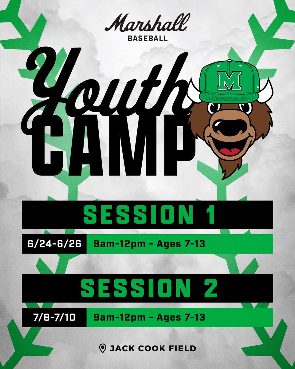 Save the Dates! 📆 Our Youth Camps will be happening this June and July at Jack Cook Field! Sign up at the link below! ⬇️ ⚾️ bit.ly/BSBYouthCamps #WeAreMarshall