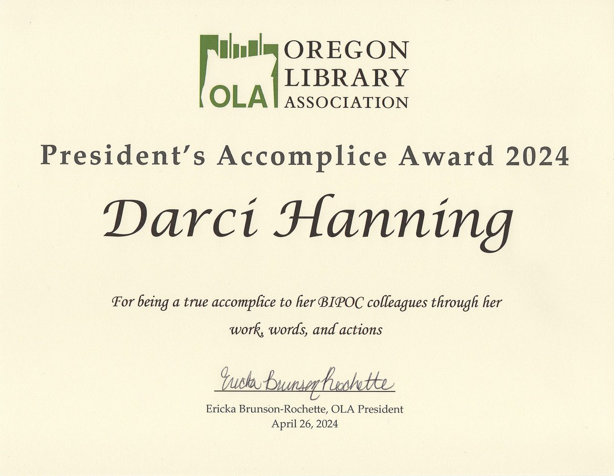 statelibraryor's tweet image. Congratulations to State Library of Oregon staff member Darci Hanning on receiving the &quot;President&apos;s Accomplice Award 2024&quot; presented at the Oregon Library Association Conference. 

#SLO #StatelibraryofOregon #Alltogether2024
