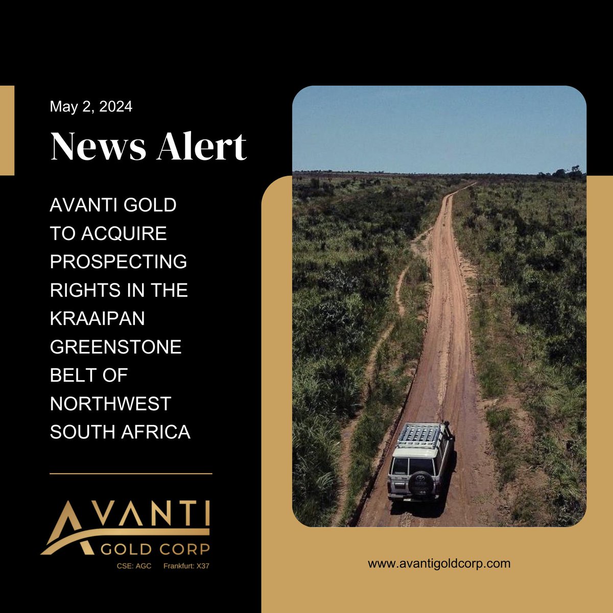 𝐂𝐋𝐈𝐄𝐍𝐓 𝐍𝐄𝐖𝐒 𝐀𝐋𝐄𝐑𝐓 📣 @Avanti_Gold To Acquire Prospecting Rights in The Kraaipan Greenstone Belt of Northwest South Africa! 

🔗tinyurl.com/28pv6mht

#ad #sponsoredcontent
$AGC #gold #mining #SouthAfrica