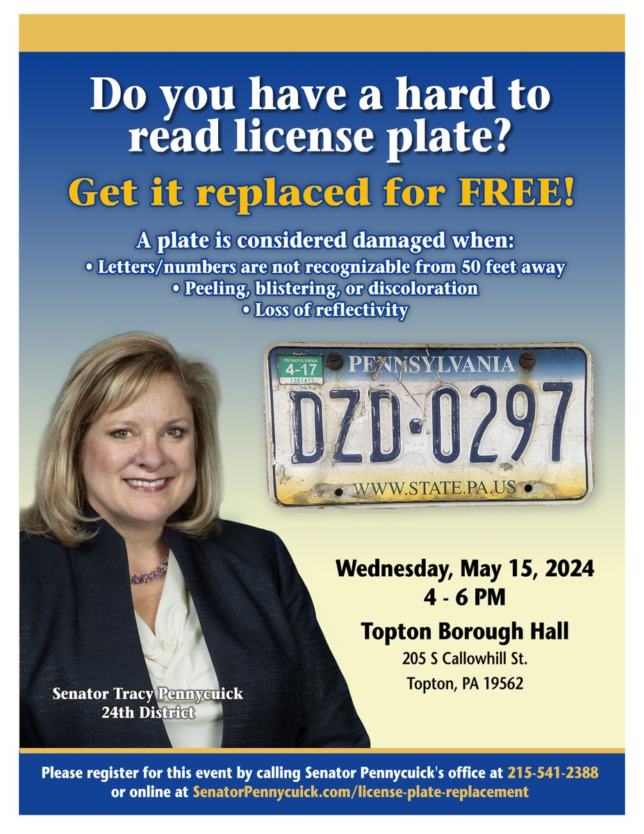 📣 Attention Drivers! I will be hosting a FREE License Plate Replacement Event on May 15 at Topton Borough. Do you have a damaged license plate?

Register NOW ➡️ senatorpennycuick.com/license-plate-…