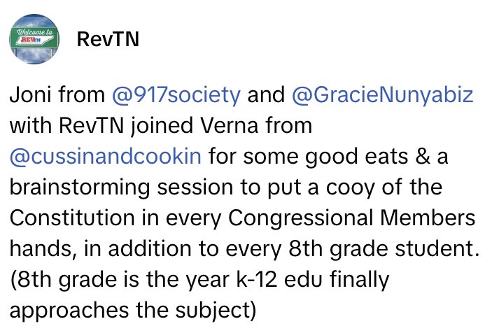 @pamelafurr Having a Tribe gets things accomplish & pushing forward! I love my tribe… Joni from @917Society & Verna from #CussinAndCookin and @SpeakinFromTN & I been neck deep in a Constitution project. We intend to place a copy of Constitution in ever single Congress Members hands @RevTN1