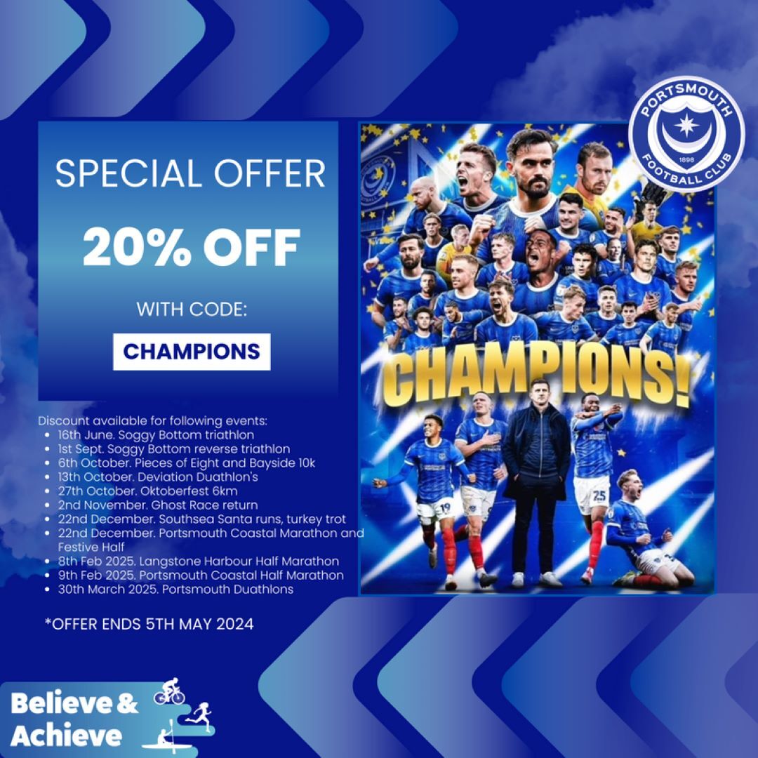To celebrate Portsmouth FC's promotion to the Championship, supporters of the Portsmouth Marathon, Believe & Achieve, are offering 20% off a range of sporting events! Be quick as offer ends on 5th May - use code CHAMPIONS to claim! #promotion #champions
tinyurl.com/2p8yn4w3