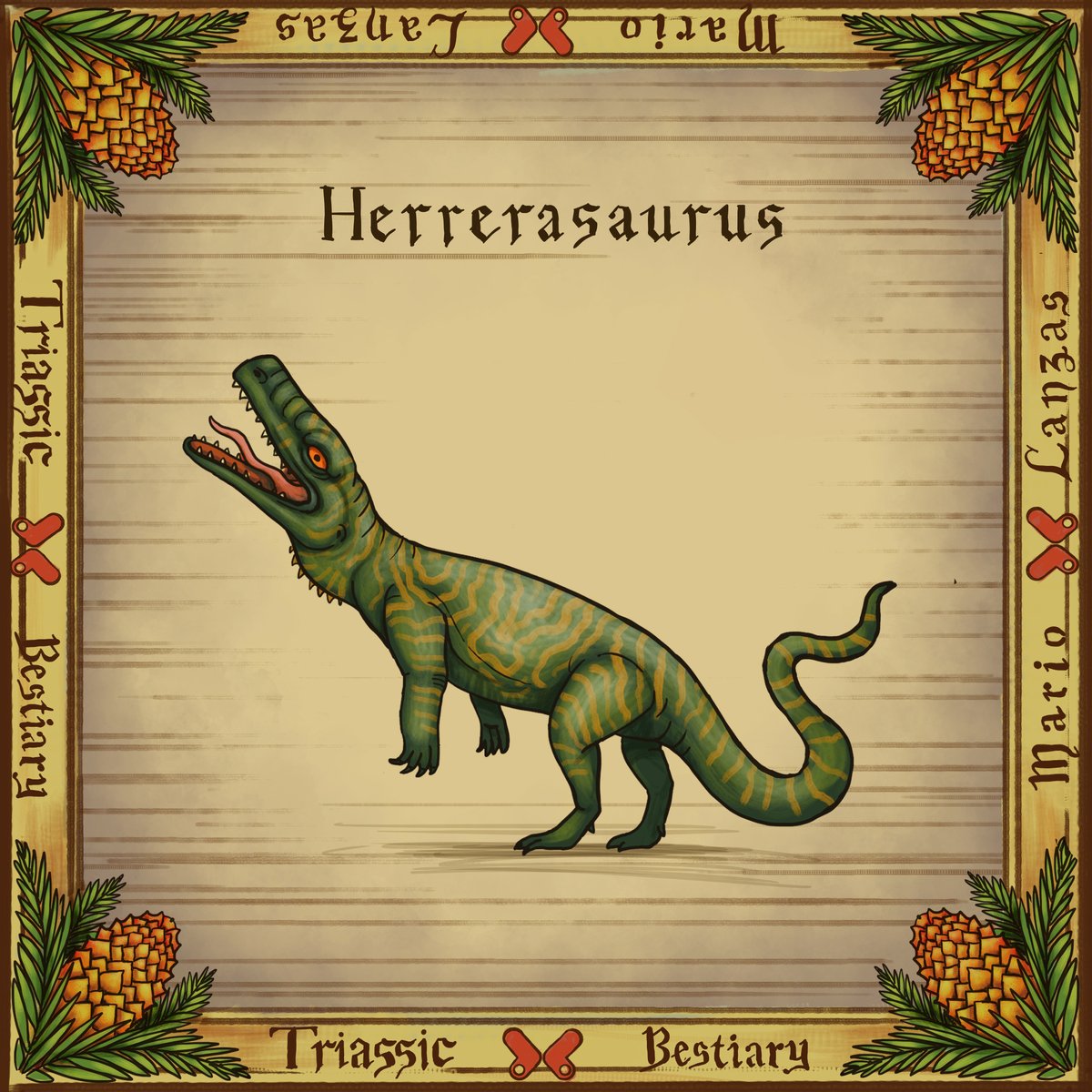 ⚜️TRIASSIC BESTIARY⚜️  (individual cards version). some prehistoric animals stylized as a medical bestiary #bestiary #triassic #paleoart #caviramus #tanystropheus #nothosaurus #medievalart