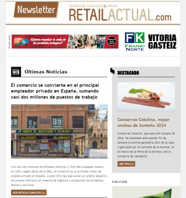 Newsletter Retail Actual:  El comercio se convierte en el principal empleador privado en España, sumando casi dos millones de puestos de trabajo ⭐ Destacamos:  Conservas Catalina, mejor anchoa de Santoña 2024  ➡️ i.mtr.cool/dzcxubkadp #Retail #supermercados #comercio