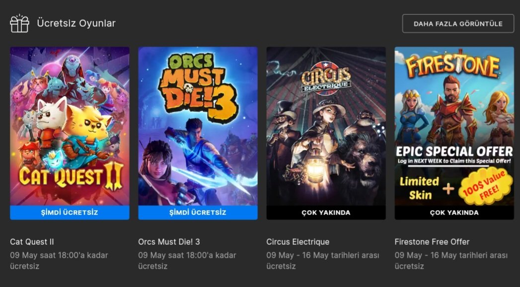 Epic Games'in Bu Hafta Verdiği Ücretsiz Oyunlar: 📍Cat Quest II 📍Orcs Must Die! 3 Bir Sonraki Hafta Vereceği Oyunlar: 📍Circus Electrique Eklenti: Firestone Free Offer