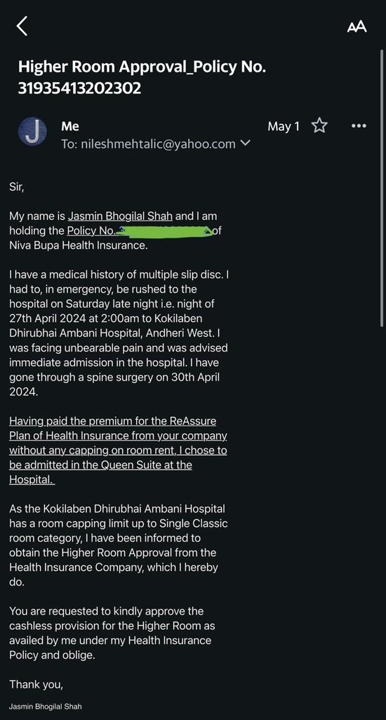 My brother is admitted at kokilaben Ambani Hospital in an emergency for a spine surgery Has a Niva Bupa ReAssure plan worth 1cr No response regards our approval for a suite when our policy covers? Hospital wants just a approval but @Niva_Bupa won’t comply @MoHFW_INDIA