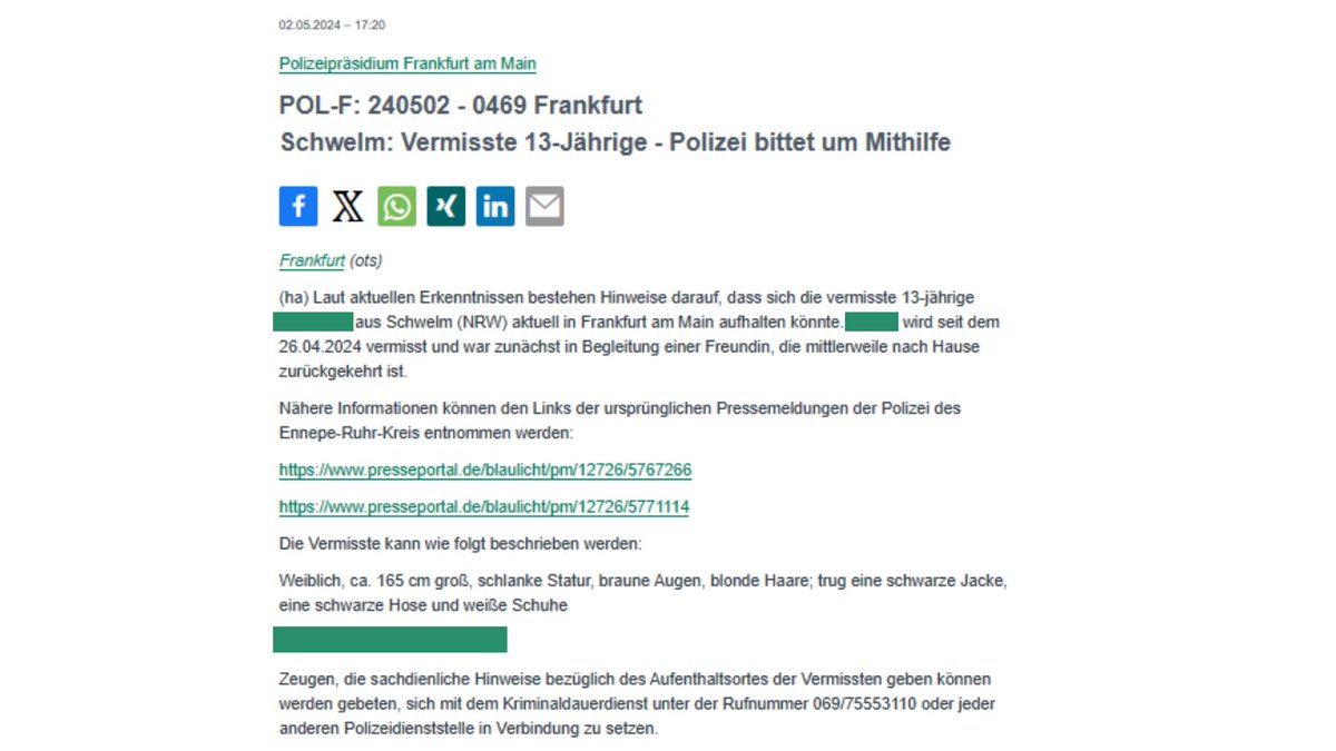 ⚠️#Vermisst - bitte RP🔄

Vermisst wird ein 13-jähriges Mädchen aus #Schwelm (NRW). Neuesten Erkenntnissen zur Folge könnte sie sich in #Frankfurt aufhalten.

Weiterführende Links zu Fotos &amp; Beschreibung ⤵️
presseportal.de/blaulicht/pm/4…