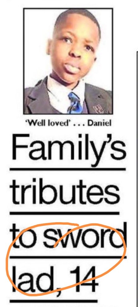His name is #DanielAnjorin not 'sword lad'. This is not only disrespectful but insensitive & no doubt hurtful to the family. This crass headline is an example of how to dehumanise an innocent child murdered on his way to school. Daniel Anjorin also deserves the entire front page.