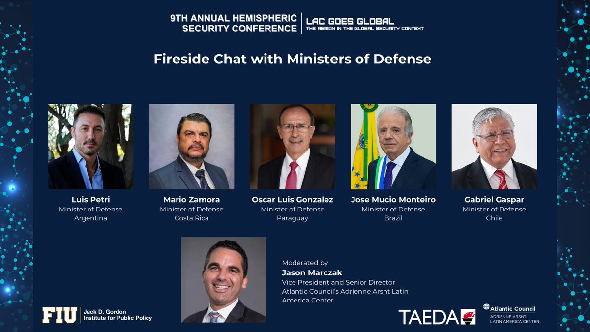 We are officially 0️⃣1️⃣ week away from #HSC2024! @jmarczak from @ACLatAm will serve as moderator for a Fireside Chat with Ministers of Defense from across Latin America: #Argentina, #CostaRica, #Paraguay, #Brazil, and #Chile! Register now for #HSC2024 at go.fiu.edu/HSC2024!