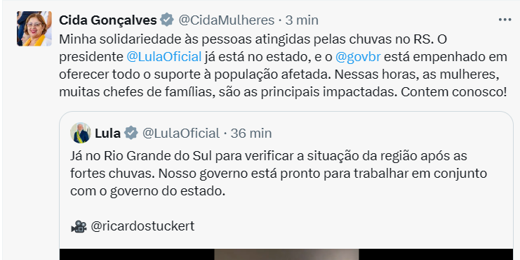 É incrível a capacidade de lacrar de uma feminista Agora até a enchente é machista. As mulheres estão se ferrando no RS porque você torra 200 bilhões por ano em feminismo, enquanto o povo padece sem esgoto, sem a mínima infra estrutura pra conter uma simples chuva.