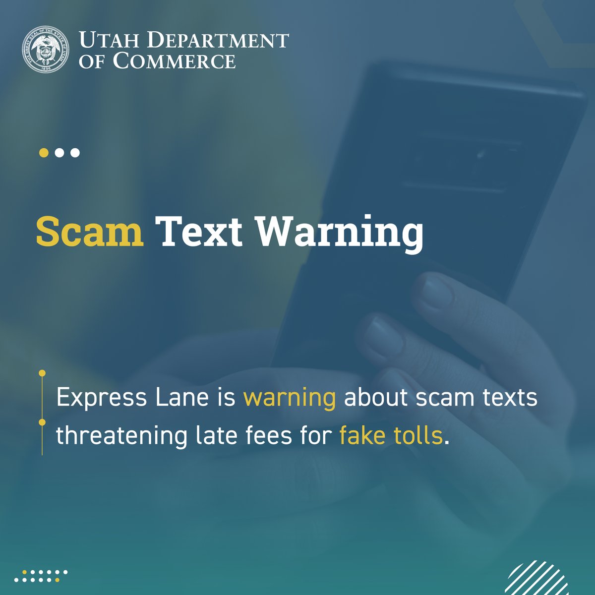Attention Drivers! Beware of scam texts claiming unpaid Express Lanes tolls. The FBI Internet Crime Complaint Center is warning about 'smishing' texts threatening late fees for fake tolls. Express Lanes doesn't use texts to request payments. expresspass.utah.gov @UtahDOT