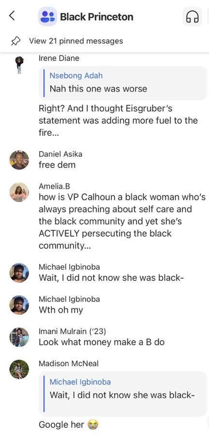 The following screenshots from the group chat were shared on Reddit. The woman in the photo is Princeton Vice President Rochelle Calhoun.