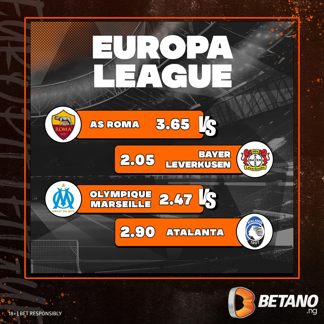 Europa League action tonight! ⚽ Roma to host unbeaten Leverkusen and Marseilles will be playing Atalanta🔥🔥 #thegamestartsnow betano.ng/sport/football…