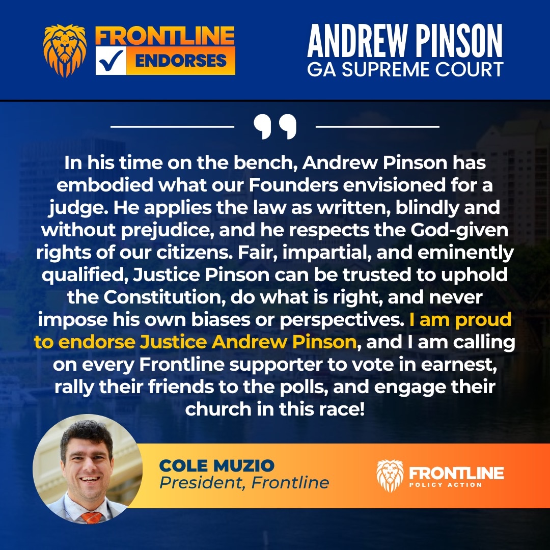 Proud to endorse Justice Andrew Pinson, the @BrianKempGA appointed judge we can trust! #gapol