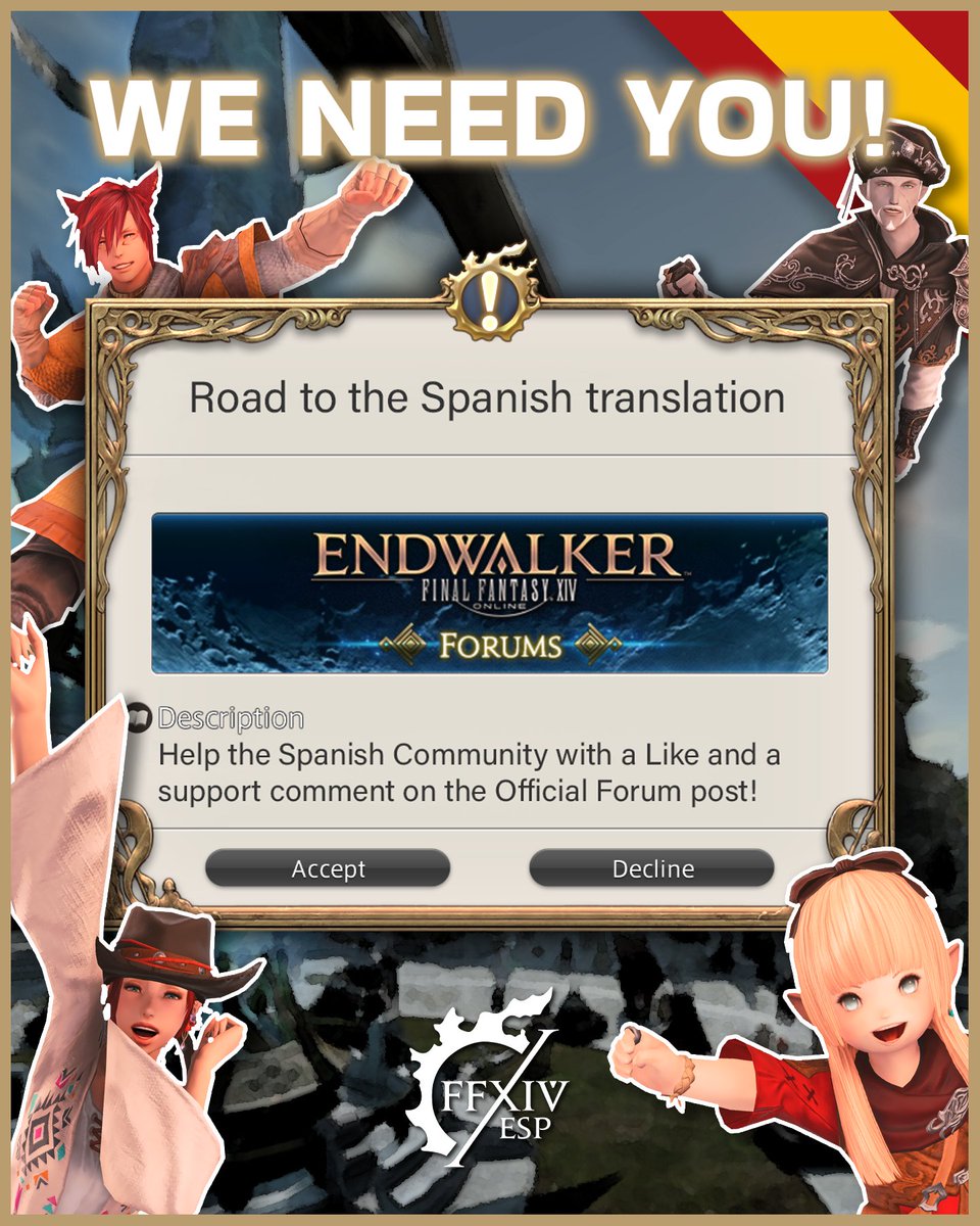 We need you, Warriors of Light! Help us by giving a Like and a support comment on the official forum post, where we ask @SquareEnix to translate our beloved game into Spanish 😄 Thank you! 🩷 Official Forum Post: forum.square-enix.com/ffxiv/threads/… #FFXIV #FFXIVESP #FF14 #FinalFantasy14