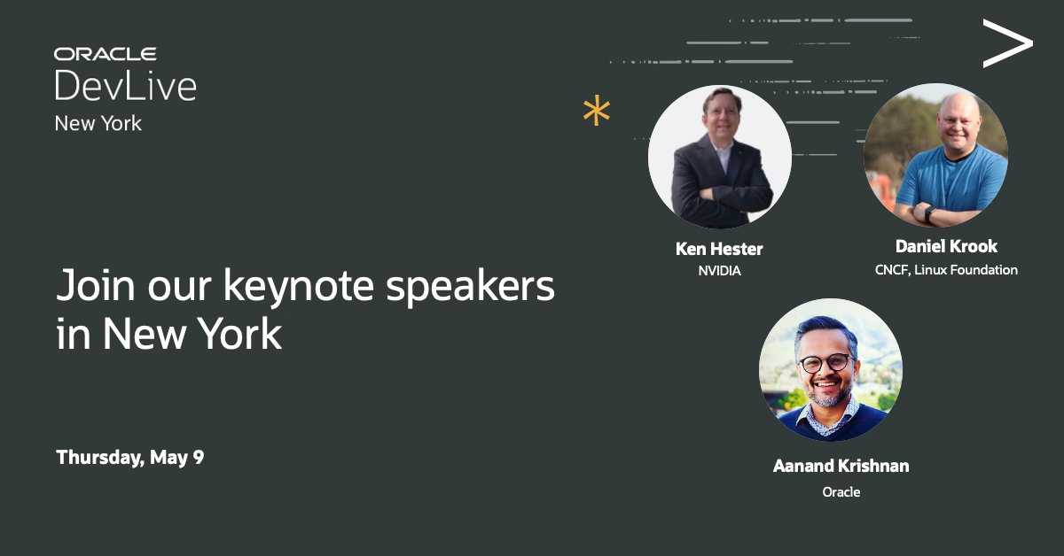 We're one week away #OracleDevLive New York! Join us to catch our keynote from Aanand Krishnan, Ken Hester, and Daniel Krook—focusing on building the future with data and #AI. social.ora.cl/6018j3LFY