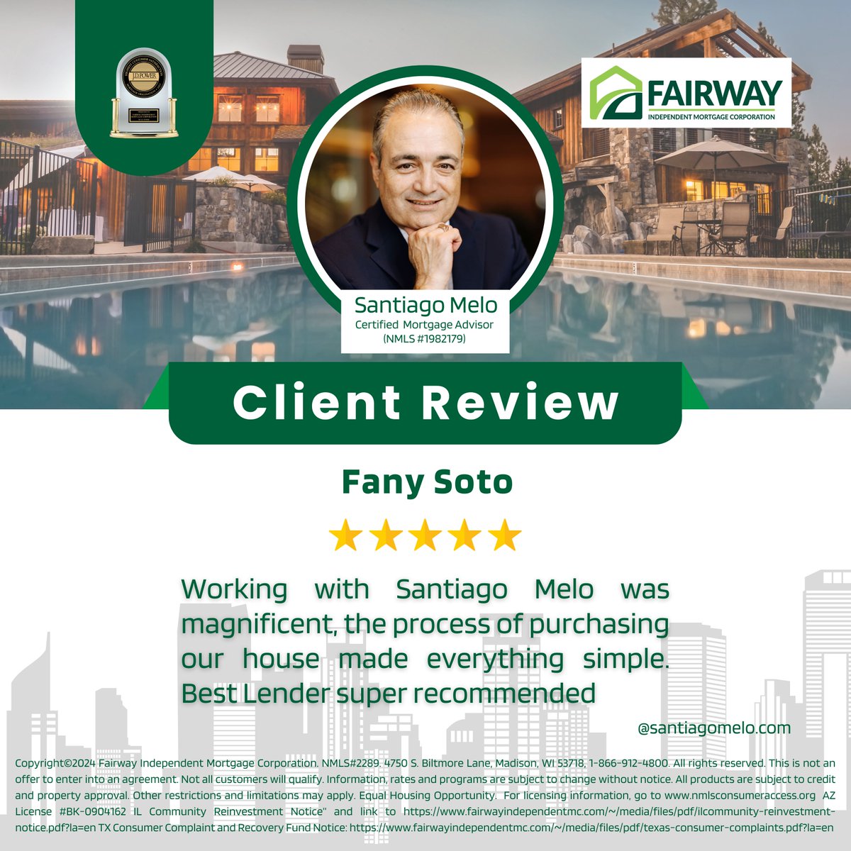 Thrilled to have made your home buying journey smooth and stress-free. Your recommendation means the world to me!

#HomeownershipJourney #DreamHome #ClientReview #HomeBuyingProcess #SantiagoMelo #FairwayIndependentMortgage #SmoothTransaction #HomeownershipGoals #MortgageAdvisor