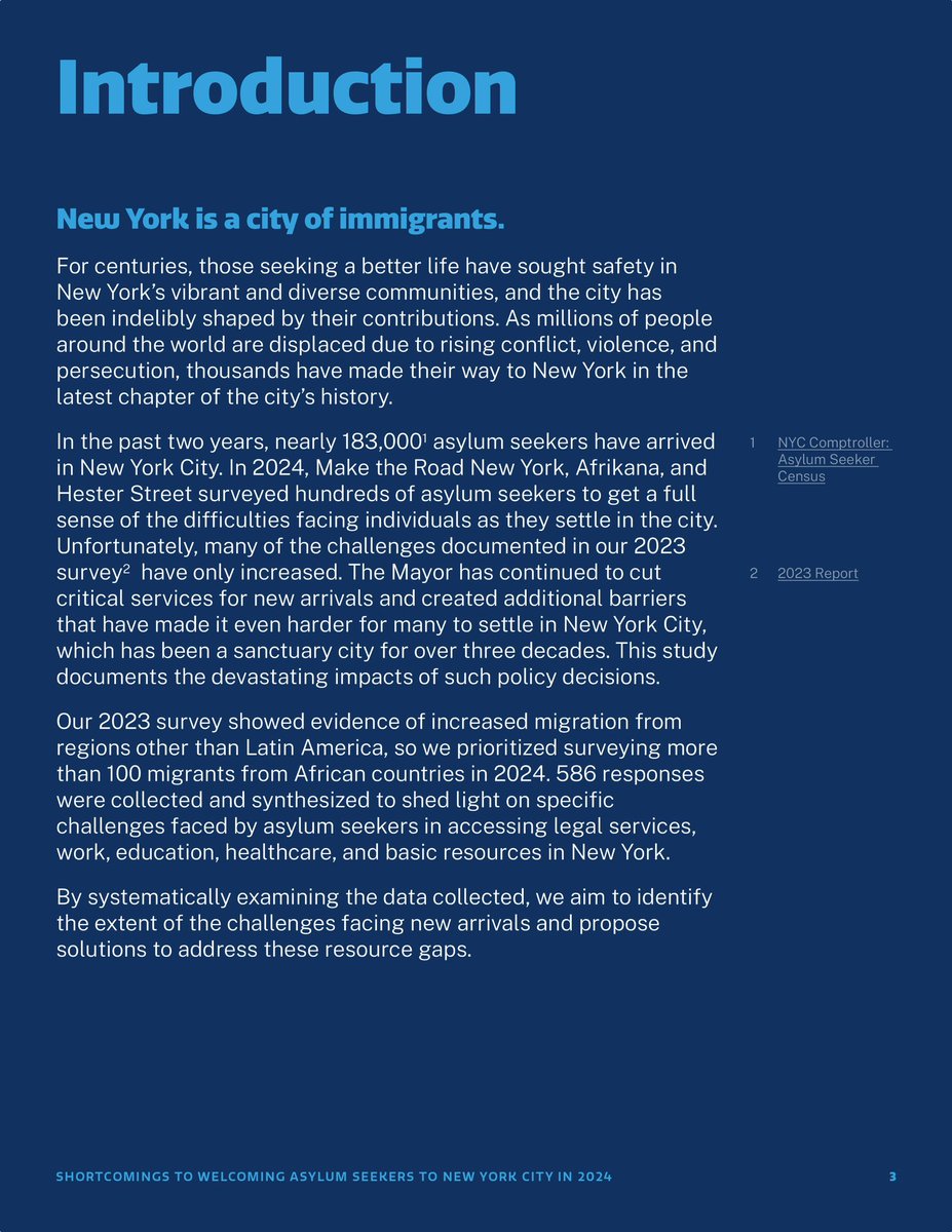 NEW: In partnership w/ @Hester_Street + Afrikana, we’re proud to launch this timely report: “Leaving Behind the Newest New Yorkers: Shortcomings to Welcoming Asylum Seekers to NYC in 2024.” By surveying hundreds of migrants, we confirmed what everyone has seen, migrants are NOT…