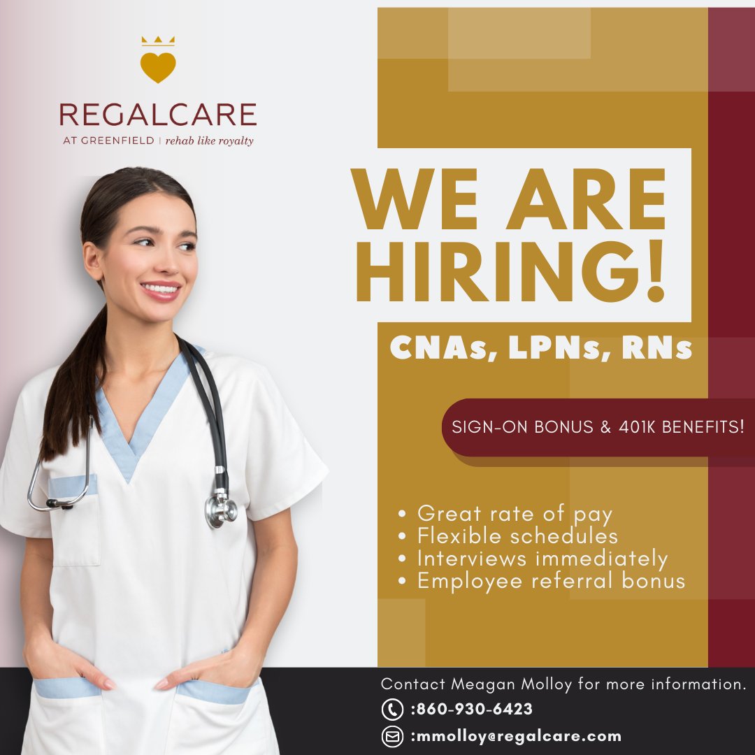 At RegalCare at Greenfield, we're not just a team; we're a family!

Join us as a CNA, LPN, or RN on any shift and enjoy fantastic benefits, a generous sign-on bonus, and a supportive work environment. Your success is our priority!🌟

#HealthcareCareers #JoinOurTeam #NowHiring
