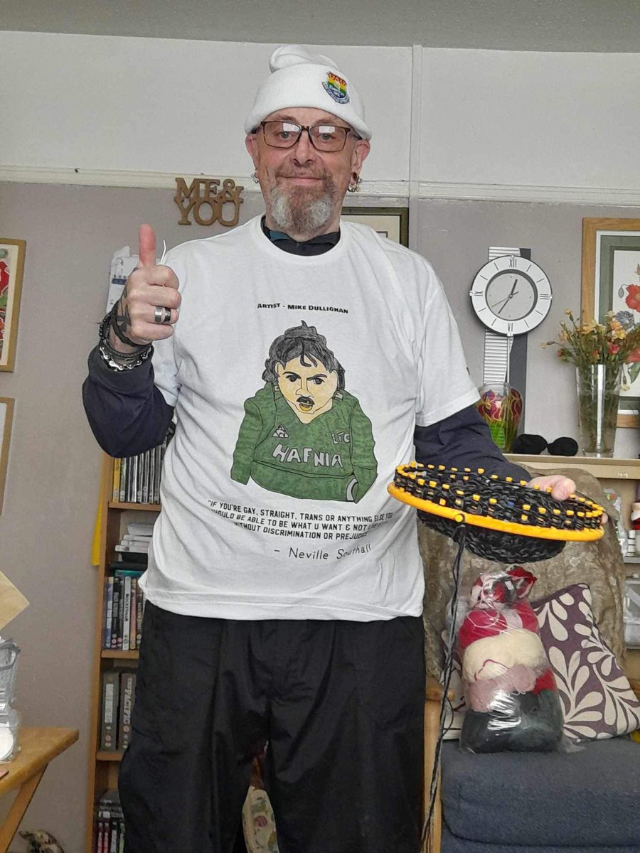 Andrew who knits the hats for the vulnerable & homeless, proudly wearing his Neville Southall T-shirt.